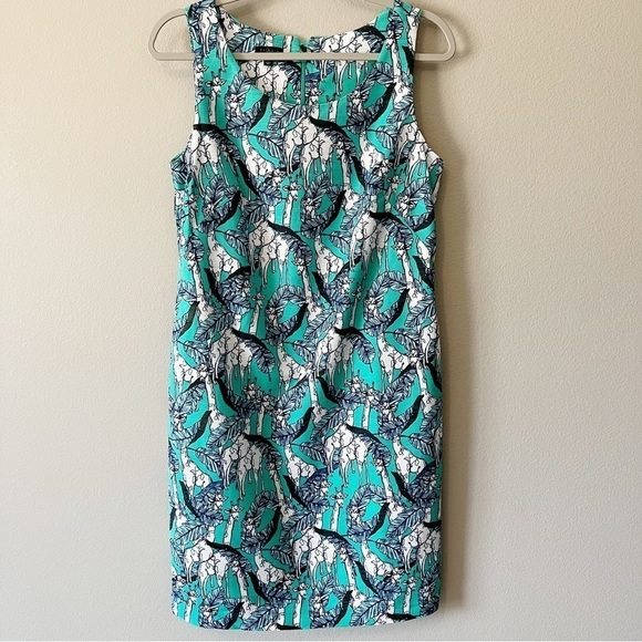 Talbots NWOT Safari Leaf Giraffe Print Sleeveless Shift Dress Turquoise Size 6 - Picture 1 of 9